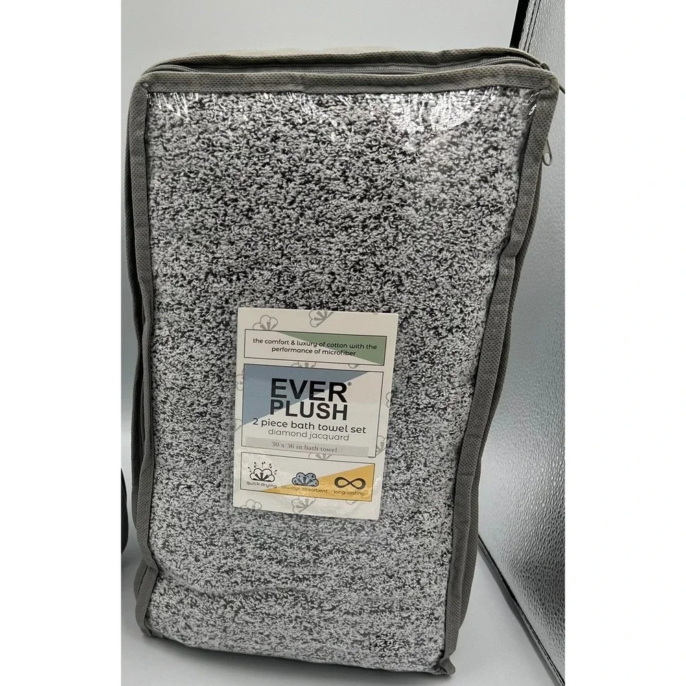 Everplush Bath Towel Set 2pc 30x56 Grey New Diamond Jacquard Cotton